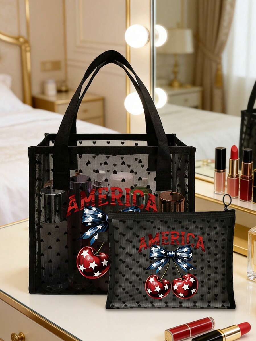 Schwarze transparente Mesh-Tragetasche mit bedruckter Kirschblüten-Schleife und "America" Text, großes Fassungsvermögen, transparente Mesh-Kosmetiktasche, multifunktionale Reise-Tragetasche, Aufbewahrung für Hautpflege und Toilettenartikel, Reise-Make-up-Tasche, Zubehör-Aufbewahrung, Wohndekoration, Badezimmer-Aufbewahrung - Verschiedenfarbig - Übersicht 1