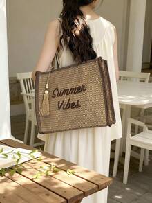 Nouveau sac fourre-tout à la mode en paille, sac à épaule polyvalent et grande capacité pour femmes, pour usage quotidien, travail, shopping - Multicolore - Voir 6