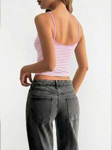 Vaiaye 女士时尚内衣风上衣，春夏条纹印花圆领修身休闲度假性感吊带背心，适合海滩度假和日常休闲穿着，粉色 - 粉色 - 查看 2