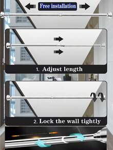 2.5cm Diameter Stainless Steel Extendable Curtain Rod, Shower Curtain Rod, Wardrobe Hanging Rod, Retractable Rod, Drying Rack, Clothes Hanging Rod, Support Bracket, Multiple Sizes Available, Multi-Functional No-Drill Extendable Rod, Strong Spring, Easy Installation, Silver Stainless Steel Adjustable Shower Curtain Rod, Home No-Drill Curtain Rod - A - View 7