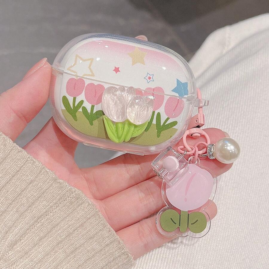 3D Tulip Silicone Protective Case For Huawei Freebuds 5i/6i/7i/SE4, Freebuds SE2/SE3/SE4, Freebuds Pro3/Pro4 Wireless Bluetooth Earphones, Transparent Shockproof Earphone Cover Pendant - Tulip - View 1