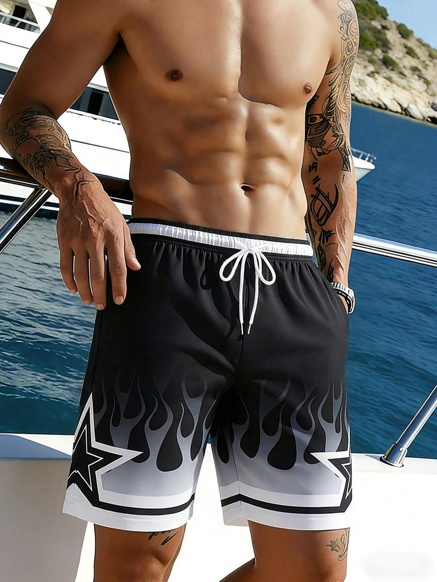Men's Summer Sports Basketball Shorts, Drawstring Elastic Mesh Quick-Dry Knee-Length Shorts - Black - View 1