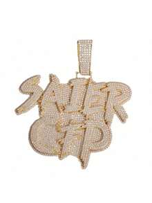 Collar con colgante personalizado de placa con nombre con CZ perlado y refrigerado, joyería de hip hop para hombres con dije de circonita cúbica de dos colores en 3D - C - Ver 4
