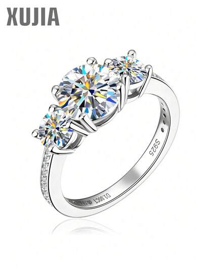 XUJIA 1pc Round Cut Moissanite Engagement Ring, Women's, 100% 925 Sterling Silver, D-E Color, VVS1 Clarity, 5mm, 8mm And 5mm Three Stone Anniversary Wedding Band, Jewelry Gift