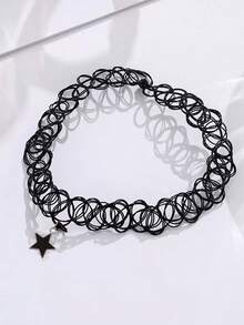 1pc Handmade Woven Dark Style Fish Line Five-Pointed Star Tattoo Pendant Choker Necklace, Retro Collarbone Chain For Women - Black Pentagram Pendant - View 6