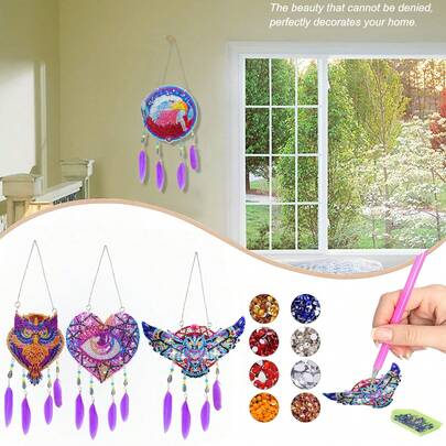 1 chiếc chuông gió hình lông vũ đính đá, chuông gió hình lông vũ chủ đề Halloween, mặt dây chuyền đính đá nhân tạo thủ công, đồ trang trí hình dạng bất đối xứng bằng đá quý treo trang trí nhà cửa, cửa sổ, sân vườn.