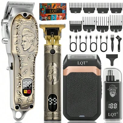  LQT 四合一可充电男士理容套装 - 电动理发器、胡须修剪器、鼻毛修剪器和剃须刀，无线多功能理发套装，含梳子和配件，是居家理发、胡须造型和个人护理的理想之选，也是父亲节和情人节的绝佳礼物。