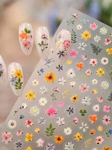 1pc 5D Vibrant Multicolor Wild Flower Blooming Nail Art Stickers, Daisy Leaf Nail Decals DIY Nail Decoration - Multicolor - View 3