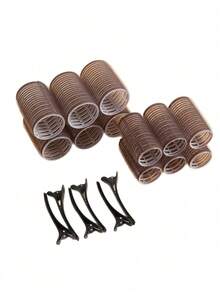 18件套卷发棒套装，自粘式卷发器，DIY卷发工具（包含12根不同尺寸的卷发棒+6个夹子），适用于长发、中长发、短发、粗发、细发、薄发，可打造蓬松发型，沙龙级美发工具，DIY发型（粉色），卷发棒，无需加热即可卷发，卷发器，美发产品及配件，适用于沙龙、美容院、返校季、旅行和度假必备品，卷发棒 - 粉色 - 查看 5