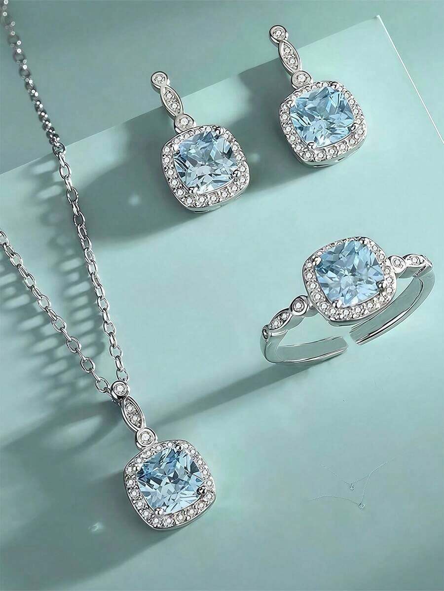 4pcs/Set Ocean Heart Shaped Blue Cubic Jewelry Set Necklace, Earrings, Ring, Girlfriend, Daily Wear & Special Occasions - Màu xanh lam - Xem 1