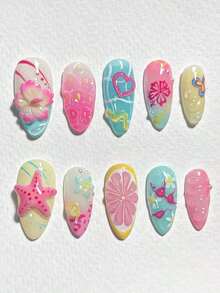 10pcs Ombre Almond Shaped Nail Stickers, 3D Flower & Butterfly Decor, Wavy Line Art Design, Rhinestone Embellished, Glossy Finish, Full Coverage False Nails, Suitable For Women & Girls Daily Wear Nail Supplies - 多色 6 - 查看 1