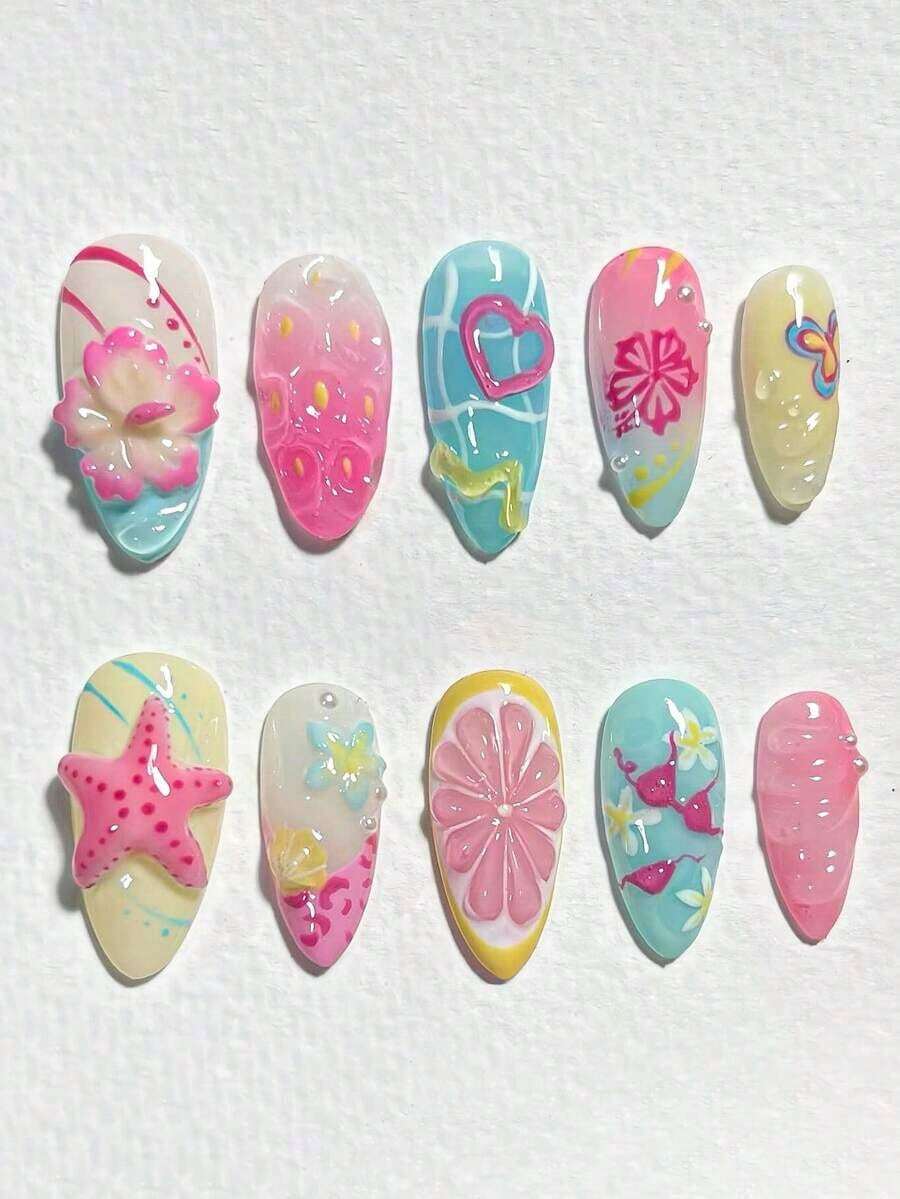 10pcs Ombre Almond Shaped Nail Stickers, 3D Flower & Butterfly Decor, Wavy Line Art Design, Rhinestone Embellished, Glossy Finish, Full Coverage False Nails, Suitable For Women & Girls Daily Wear Nail Supplies - 多色 6 - 查看 1