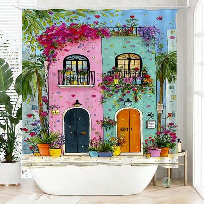 1pc Artistic Style Shower Curtain, Made Of Polyester, Waterproof, Non-Blackout, Suitable For Home And Bathroom Decor, Comes With 12 Hooks