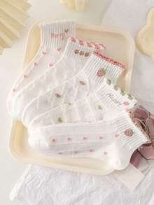 5 Pairs Women's White Ankle Socks, Cute Minimalist Floral Pattern Boat Socks, Suitable For All Seasons, Random Colors - Multicolor - View 7