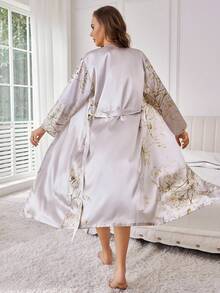 2pcs Women Elegant Floral Leaf Print Lightweight Silk Sleepwear Set, Includes Tie-Waist Long Robe & Spaghetti Strap Nightgown, Loose Fit Robe With Draped Neck Short Dress, Comfortable & Sexy Loungewear - Xám - Xem 2
