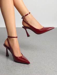 Women's Office Work Heels, Pointed Toe Block Heel Pumps With Slingback Adjustable Strap, Comfortable Closed Toe Dress Shoes For Daily Wear - Burgundy - View 1