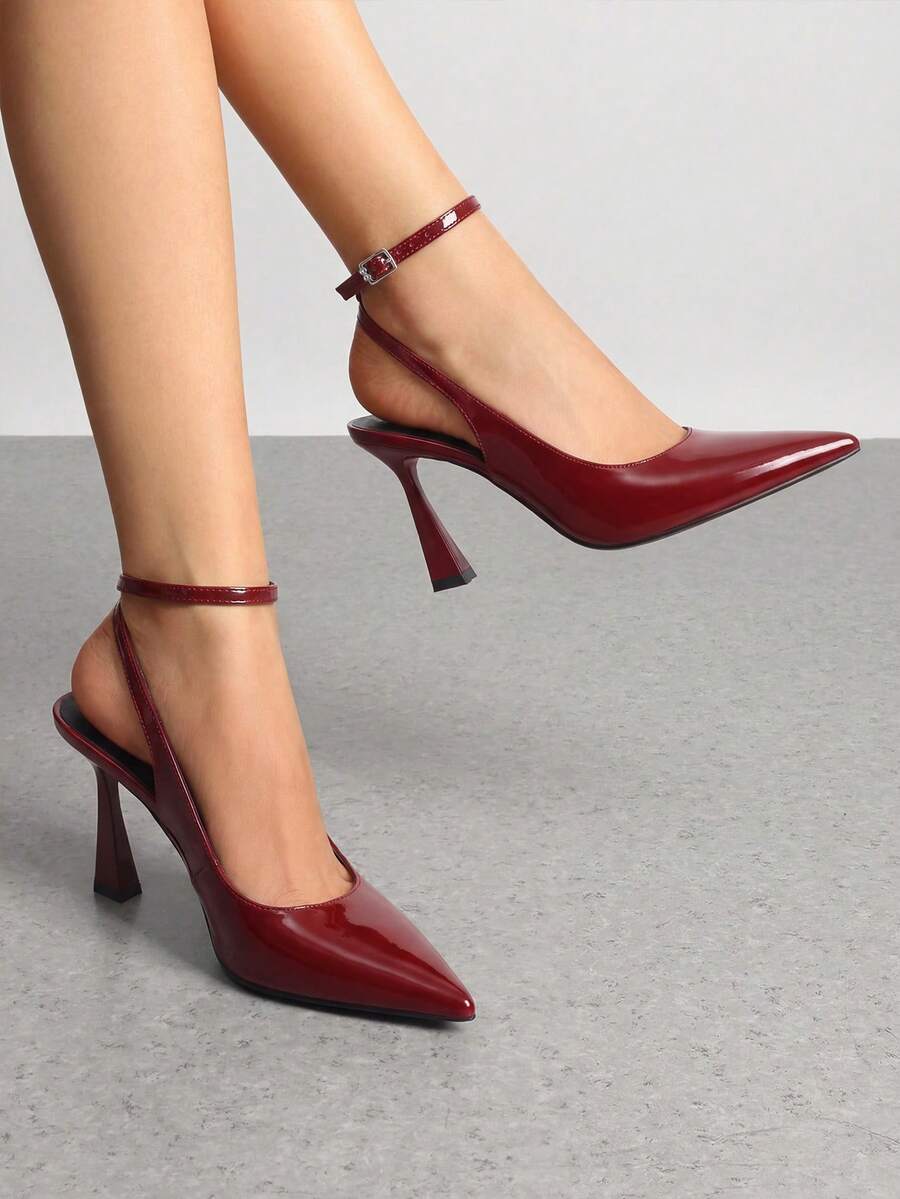 Women's Office Work Heels, Pointed Toe Block Heel Pumps With Slingback Adjustable Strap, Comfortable Closed Toe Dress Shoes For Daily Wear - Burgundy - View 1