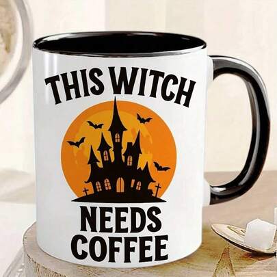 1pc 11oz Ceramic Coffee Mug & Tea Cup - This Witch Needs Coffee, Halloween Witch Castle And Bat Design, With Spooky Vibe, Dishwasher , Reusable, Suitable For Halloween, Thanksgiving, Party Gifts, Daily Use - Witch Themed Coffee Mug