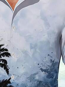 A Blue Palm Tree Print Print Collared Button-Down Shirt, Perfect For Beach Vacations And Casual Social Occasions. Made Of Lightweight And Breathable Polyester, It's Machine Washable And A Versatile Summer Men's Fashion Staple. - 彩色 - 查看 4