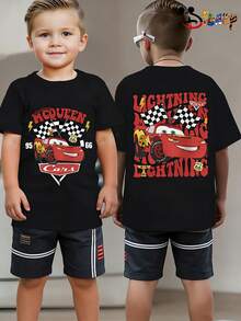 Disney D-I-S-N-E-Y-Licensed, Popular Lightning M-C-Queen Cartoon Print  T-Shirt. Super Cool Summer Top For Kids. Knit Fabric With Stretch For Comfort. Machine Washable. Perfect For Summer Outdoor Activities, Parties, And School Events. Fashionable Crew Neck Pullover For Ages 4-12. Ideal Birthday, Party, Or Easter Gift For Children. - 黑色 - 查看 2