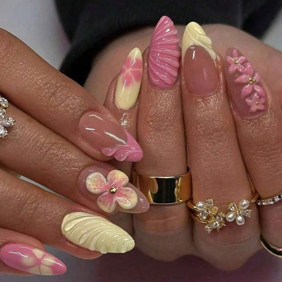 24Pcs Minimalism Style Yellow & Pink Flower Decor French Manicure Medium Almond Shaped Artificial Nail Tips, Suitable Office Ladies, Daily Wear, Dates, Afternoon Tea, Outdoor Activities Press On Nails Nail Supplies Nails - 彩色 - 查看 1