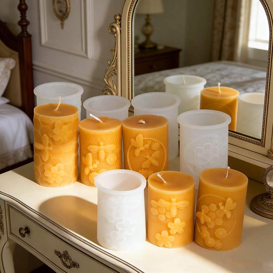 5pcs Honeycomb Silicone Pillar Candle Molds - Reusable Cylinder Molds For Making Aromatherapy Candles, Beeswax Candles, Soap, Wax Melts, Plaster, And Resin Art - Intricate Honeycomb, Floral Embossed Designs For Home Decor, Wedding Centerpieces, And Handmade Gift Making - Honeycomb - View 1