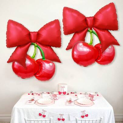 4个红色蝴蝶结樱桃气球，适合“她是锦上添花”主题派对、浆果主题一周岁生日装饰、水果主题迎婴派对、生日派对、新娘婚礼派对用品