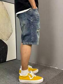 Men's Casual Washed Vintage Distressed Denim Shorts, Summer - Dark Wash - View 4