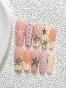 10件套马卡龙色凝胶美甲套装，包含亚克力美甲贴纸、银色3D水钻五角星美甲装饰、手绘哑光粉色五角星、银色猫眼五角星、银色波点美甲装饰、黄色指甲油，以及美甲工具（1个果冻贴纸+1个指甲锉），三种尺寸：杏仁形、鸭嘴形、棺材形。 - 彩色 - 查看 4