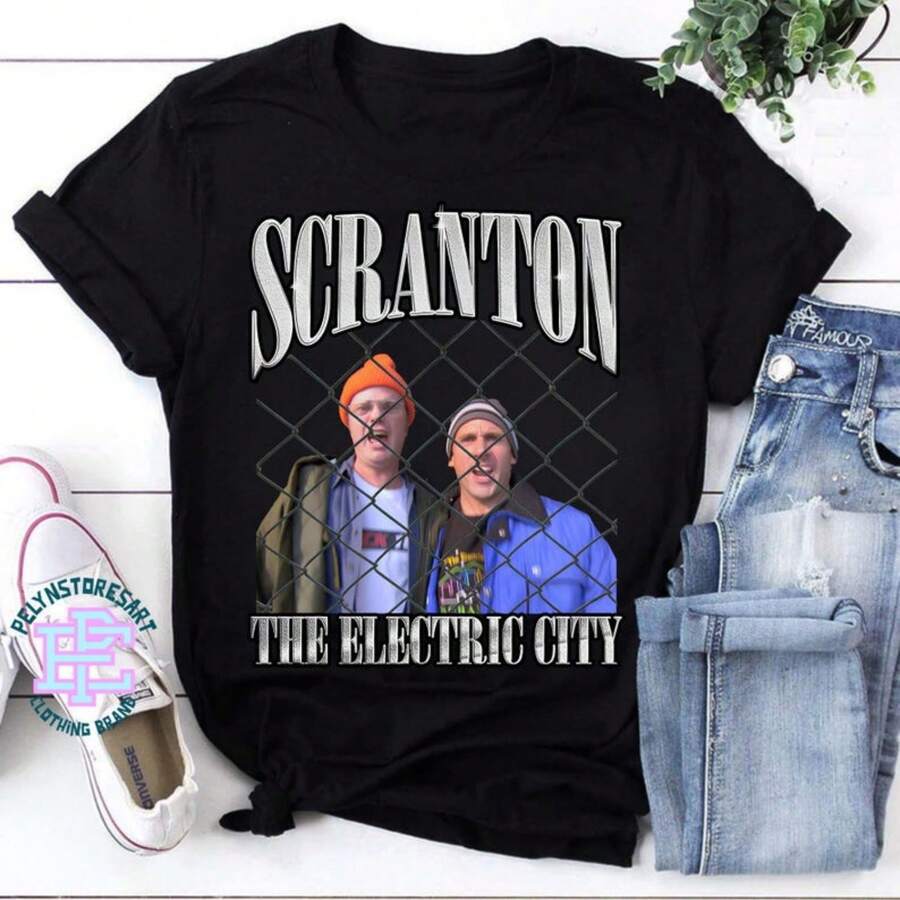 Scranton The Electric City T-Shirt, The Office T-Shirt, TV Show Meme T-Shirt, Michael Scott T-Shirt, Schrute Farms T-Shirt, Funny Meme Graphic T-Shirt - 黑色 - 查看 1