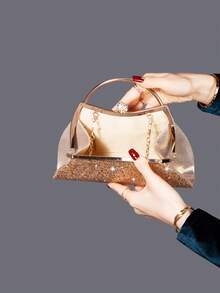 REMANLAND 1 pièce Anneau métallique à poignée rayée de couleur unie, avec décoration de paillettes, fermeture élégante à la mode, convient pour les fêtes, mariages, banquets, pochettes et sacs à main des femmes - Doré - Voir 7