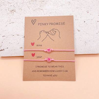 2pcs Glow-In-The-Dark Flat Round Beaded Bracelet With Heart Pattern, Adjustable Wrist Accessory Suitable For Best Friends/Couples