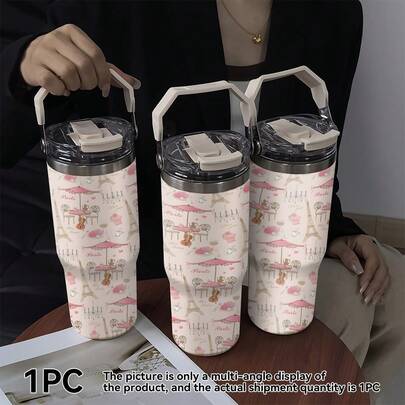 1pc/5pcs 30oz Stainless Steel Vacuum Insulated French Paris Style Travel Mug. Ideal For Valentine's Day, Mother's Day, Themed Parties, Birthdays And Other Holidays. Featuring French Paris Print Design, Keeps Drinks Hot/Cold, With Portable Handle, Durable And Easy To Clean. Suitable For Commuting, Travel, Sports - A Fashionable And Practical Gift. An Elegant And Thoughtful Choice For Holidays And Birthdays, Useful At Home Or On The Go.