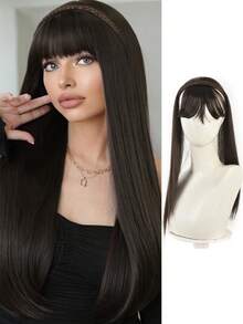 Synthetic Fiber Straight Long Hair Wig With Bangs, Braided Style, Headband, One-Piece Clip-On Hair Extension, 18-Inch Half-Head Wig, Natural And Invisible Hair Volume Enhancement, Suitable For Women's Daily Wear And Parties. Hairband Diadema Hair Hoop - Multicolor - View 9