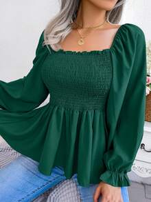 Long-Sleeved Chiffon Blouse With Ruffles And Square Neckline | Casual Style, New Spring/Summer Collection - 綠色 - 查看 9