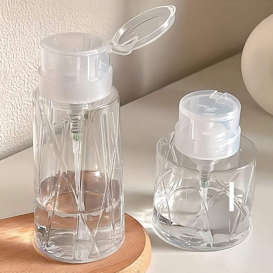 1个250毫升/300毫升高透明指甲油卸妆液/酒精可灌装瓶，透明泵头锁扣美甲空瓶。大容量三用泵指甲清洁卸妆液补充瓶，带锁扣，黑色透明瓶颈泵头空瓶，塑料瓶指甲油卸妆液清洗瓶美甲防溢泵瓶，浴室旅行必备。 - 彩色 - 查看 1