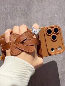 1pc Minimalist Wristlet Wallet Card Holder Phone Case Compatible With IPhone 7-17 Plus Models - Brown - View 3