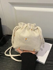 1 chiếc túi xô dây rút màu trơn, túi đeo chéo vai bằng rơm kiểu dáng thường ngày, túi xách mini thời trang dành cho nữ. - Màu be - Xem 2