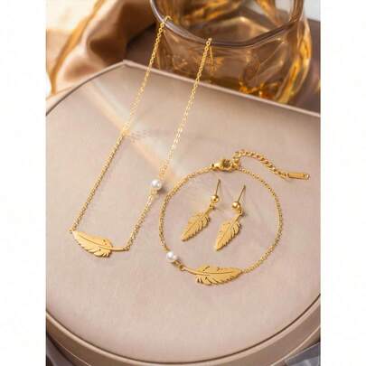 一套不锈钢羽毛首饰套装，创意设计，简约奢华复古优雅风格，适合情人节、斋月、节日、日常佩戴、派对、送礼（OPP袋包装盒仅供拍摄使用）