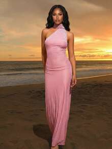 LOVE&LEMONADE Fuchsia Flocked Leopard Print Sleeveless Backless Turtleneck Fitted Maxi Dress - Baby Pink - View 1
