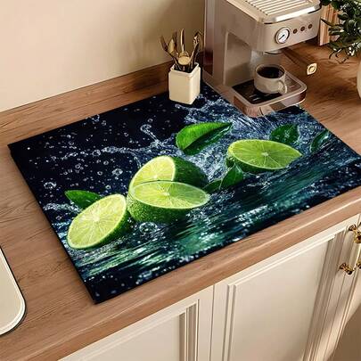 1pc Lemon Print Absorbent Drying Mat, Kitchen Decor Coffee Machine Mat, Handmade Coffee Pot Draining Pad, Kitchen Floor Mat, Dining Table Mat, Kitchen Counter Dish Drying Mat, Coaster, Beverage Mat, Breakfast Mat, Heat-Resistant Anti-Slip Draining Mat, Diatomite Draining Mat, Hides Stains, Super Absorbent Kitchen Mat, Easy To Clean Dish Rack Mat, Suitable For Kitchen, Dining Table, Cafe, Bar, Holidays, Parties, Home Decor, Holiday Gifts