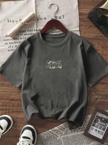 青少年男童印花短袖T恤，学生休闲夏季上衣 - 深灰色 - 查看 5