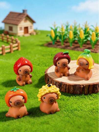 Fuzzy Resin Fruit Capybara Miniature Figurine, Decorative Accessory, DIY Craft, Desktop/Car Decor, Micro Landscape Cake Decor, Backpack Charm, Random Style