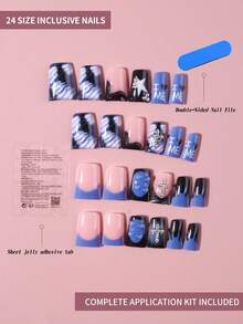 24片Y2K风格长款鸭嘴形蓝色法式尖头美甲贴纸，饰有闪亮3D金属银十字架和镶嵌珠子，中号设计完美贴合，采用优质亚克力材料制成，包含1片果冻胶和1个指甲锉。适合女士和女孩日常使用及派对场合。 - 彩色 - 查看 3