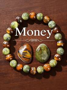 3颗天然石珠手链，8毫米，虎眼石/加拿大玉，招财手链，带来好运、财富和繁荣，脉轮石，天然宝石，男女通用，弹性手链（招财手链） - A型 - 查看 7