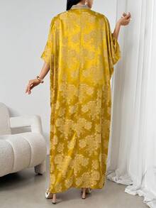 女士花卉图案V领蝙蝠袖阿拉伯风格连衣裙 - 金色 - 查看 2