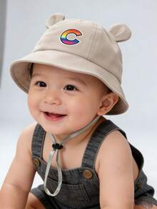 1顶A-Z字母图案遮阳帽，儿童男女童户外防紫外线宽檐渔夫帽，带下巴系带，婴儿渔夫帽 - 米白色 - 查看 5