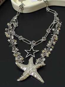 1件时尚个性甜美星星吊坠项链，流苏链多层金属银项链，适合女性日常、派对、音乐节佩戴 - 銀色 - 查看 2