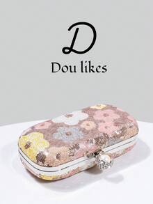 新款亮片晚宴包，花卉亮片设计，优雅订婚手拿包，搭配旗袍，配金属链条，魅力女士派对及婚礼包，完美搭配毕业舞会礼服、亮片连衣裙、闪亮连衣裙、优雅女士连衣裙。 - 香檳色 - 查看 5