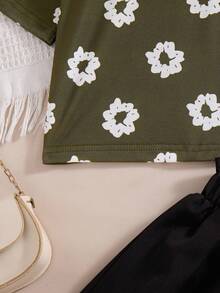 Ensemble 2 pièces pour filles, Top à manches courtes à imprimé floral avec épaules dénudées et jupe évasée à volants de couleur unie, style décontracté, printemps/été - Noir - Voir 6